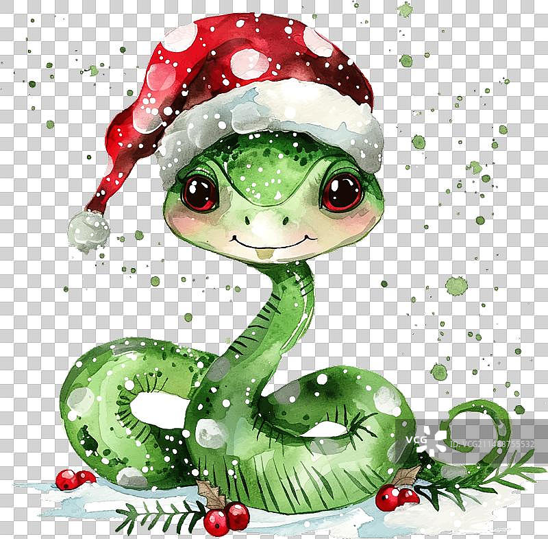 戴圣诞帽的可爱绿色蛇与雪花图片素材