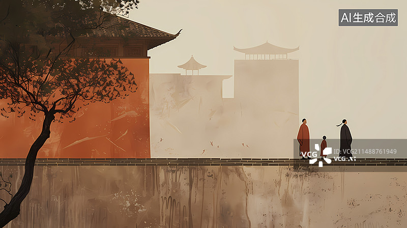 【AI数字艺术】落日余晖山水风景插画海报背景图片素材