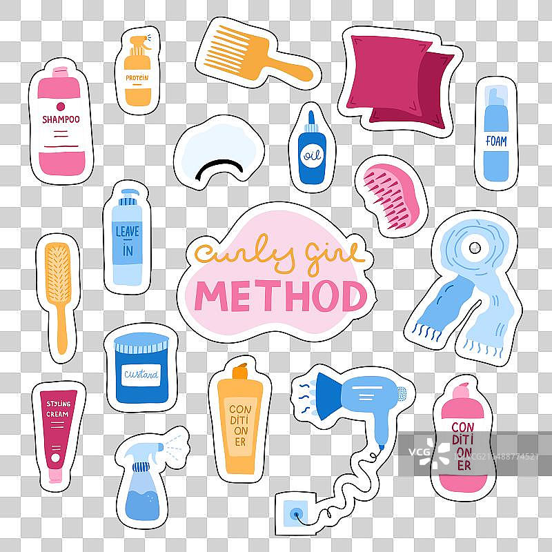 关于卷发女孩方法的大型贴纸套装图片素材