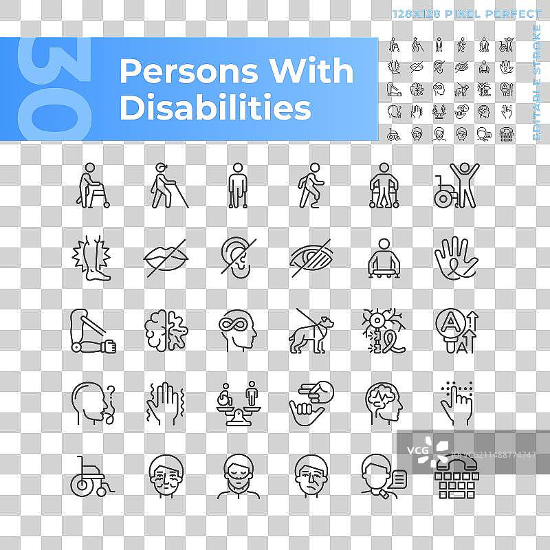 残疾人线性图标集图片素材