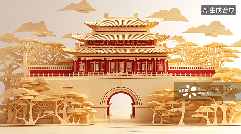 【AI数字艺术】纸雕风格立体中国古建筑阁楼插画图片素材