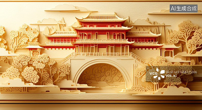 【AI数字艺术】纸雕风格立体中国古建筑阁楼插画图片素材