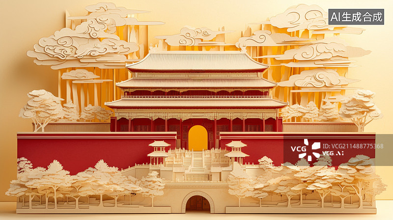 【AI数字艺术】纸雕风格立体中国古建筑阁楼插画图片素材