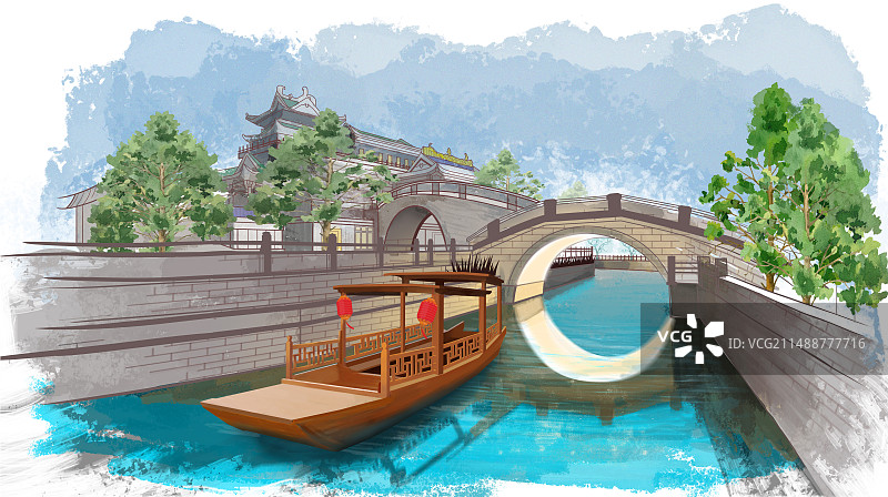广州永庆坊月亮桥风景水彩水墨插画图片素材