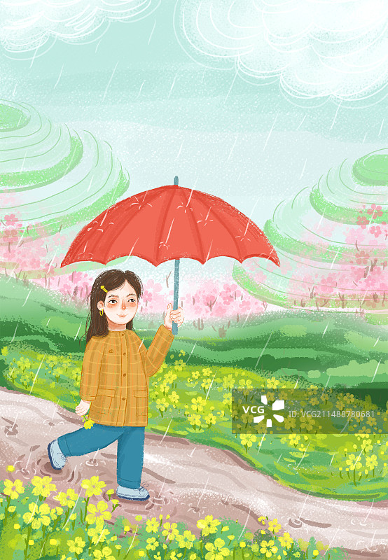 春天下雨花丛中撑伞的女孩手绘插画图片素材