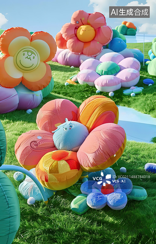 【AI数字艺术】彩色气球在草地上的特写镜头图片素材