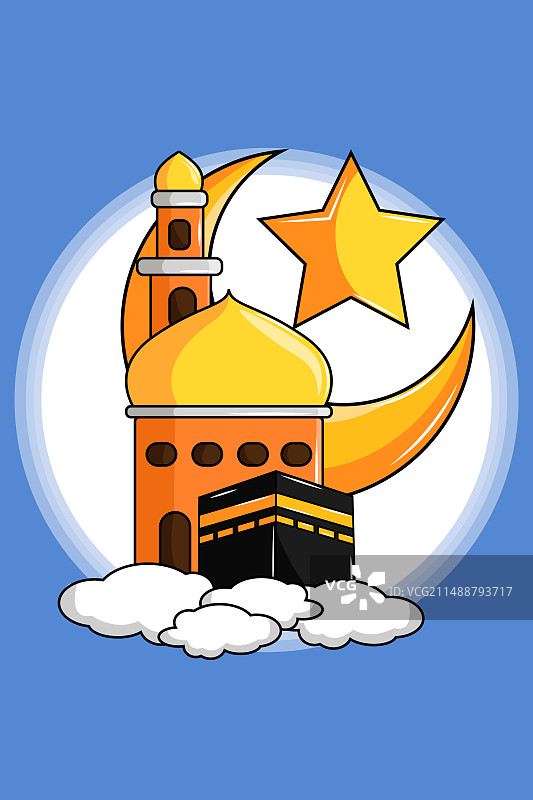 清真寺、新月与云朵上的天房设计图片素材