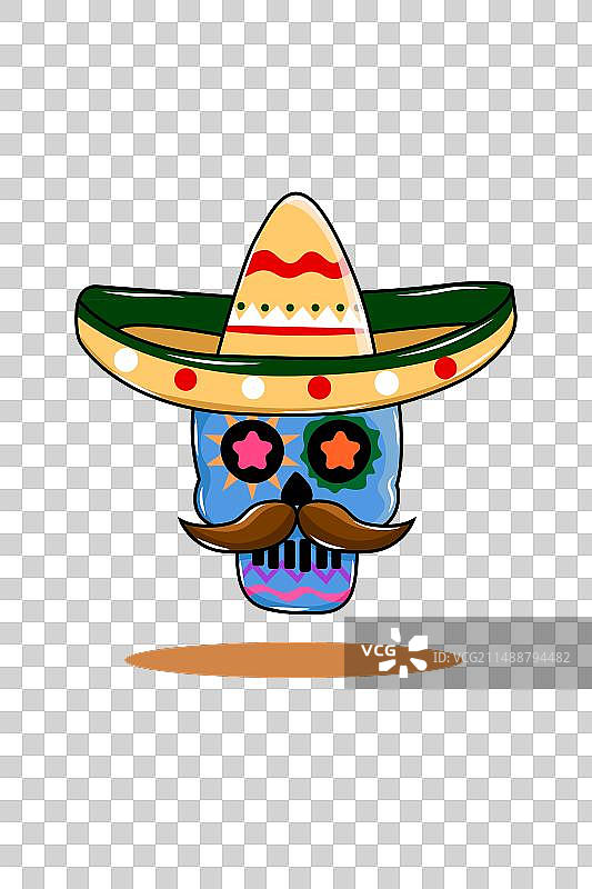 戴墨西哥帽和胡子的骷髅设计图片素材