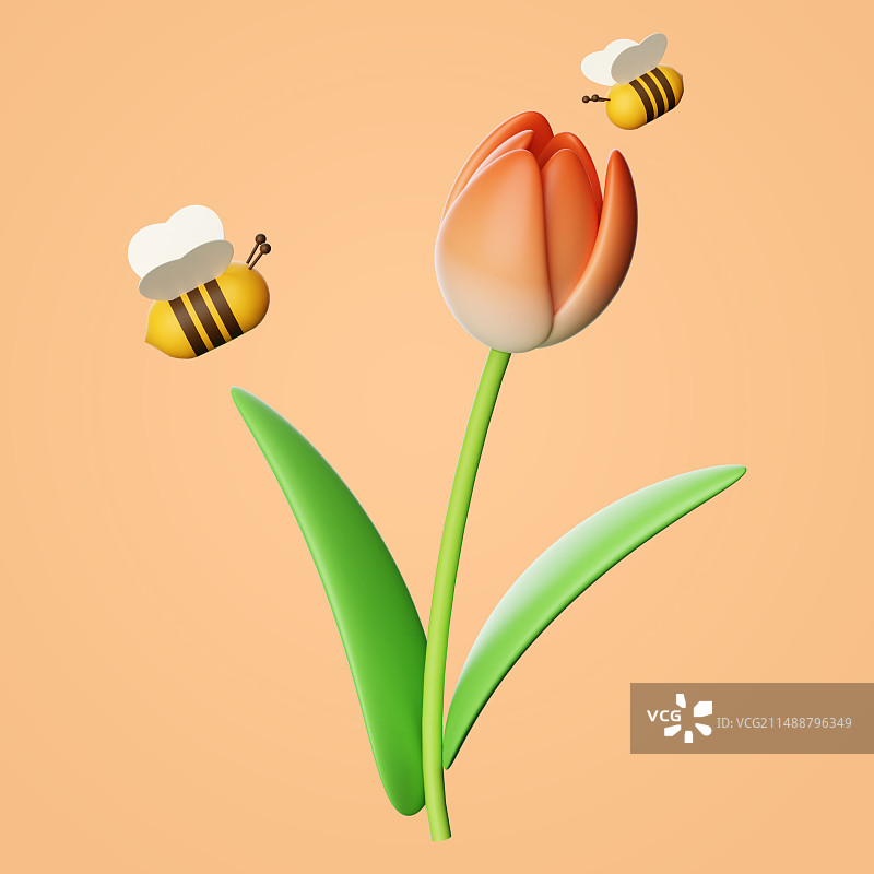 3D渲染蜜蜂郁金香插画图片素材