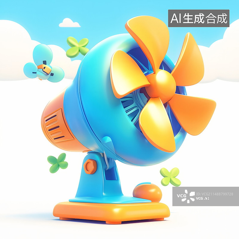 【AI数字艺术】白色背景的3D卡通风格的电风扇图标图片素材