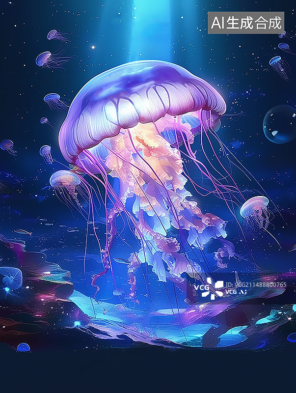 【AI数字艺术】发光的水母在海底游泳的特写镜头图片素材