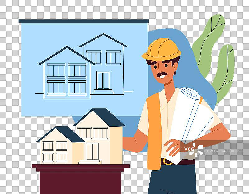 带有房屋平面图的建筑工人图片素材