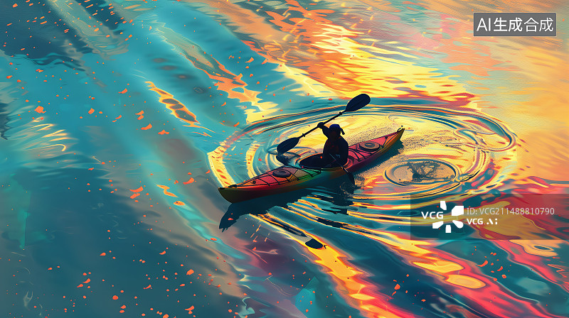 【AI数字艺术】日落时在海上划船的人图片素材