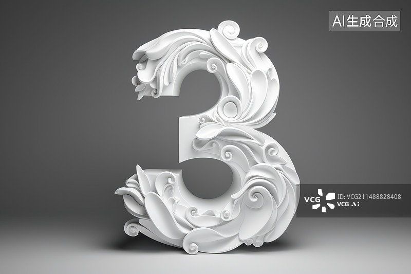 【AI数字艺术】3D精致的石膏雕塑数字3图片素材