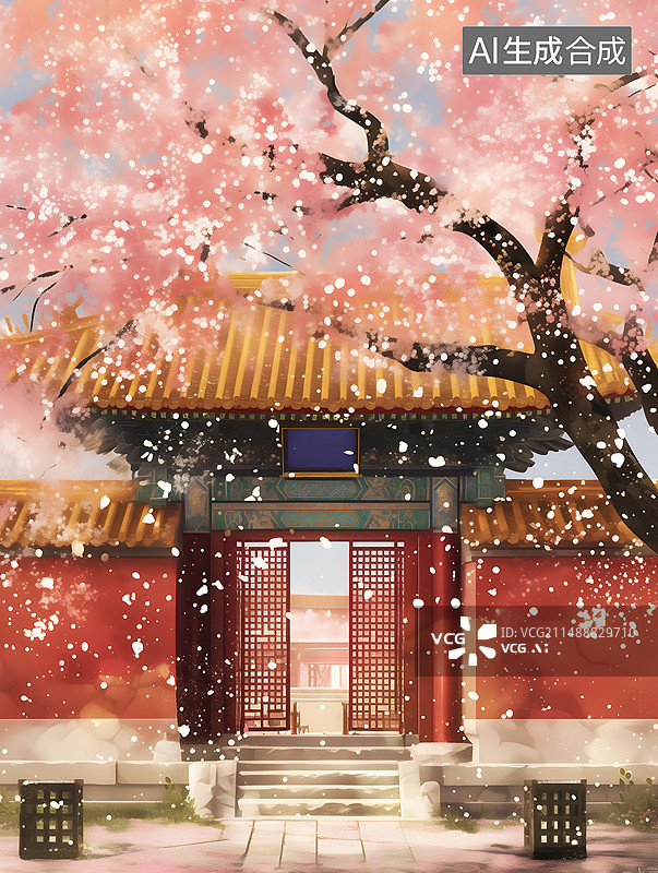 【AI数字艺术】红墙琉璃瓦前下起了粉色杏花雨唯美春天插画景色图片素材