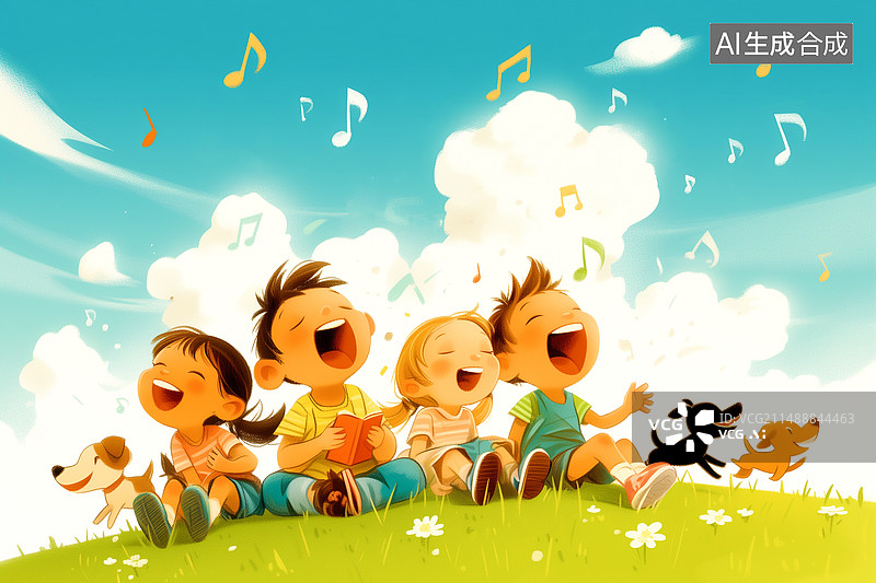【AI数字艺术】孩子在蓝天白云下的草地上唱歌图片素材