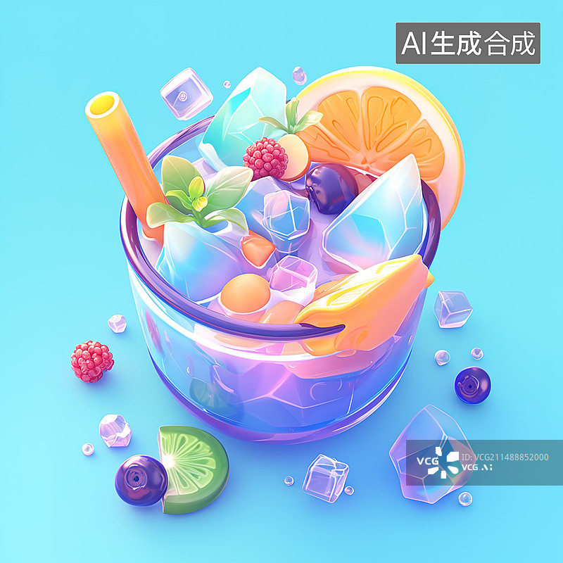 【AI数字艺术】夏日3D元素-冰块饮料鸡尾酒图片素材