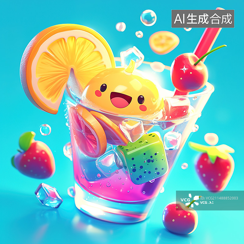 【AI数字艺术】夏日3D元素-冰块饮料鸡尾酒图片素材