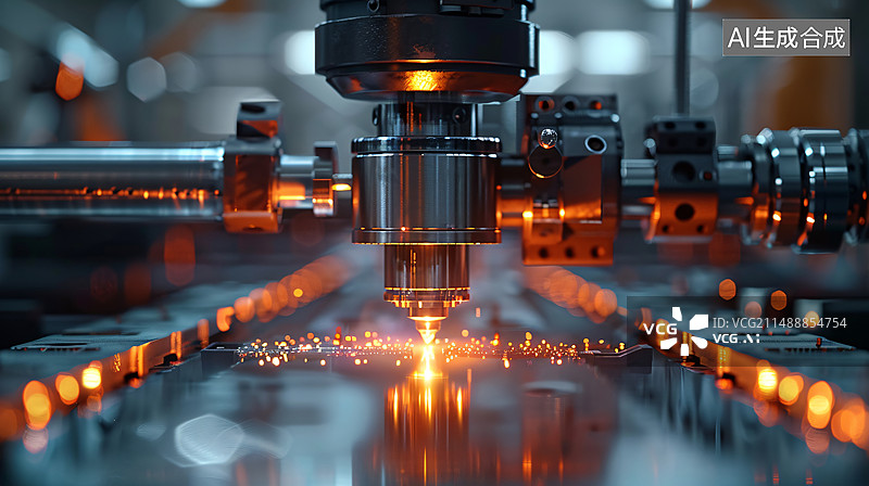 【AI数字艺术】金属机床工业，数控车床高速切削，未来智能制造理念概念插图图片素材