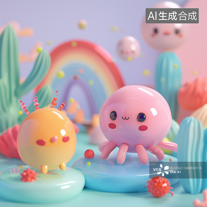 【AI数字艺术】小章鱼 海洋玩具 塑料玩具 彩虹 鲜艳儿童画图片素材