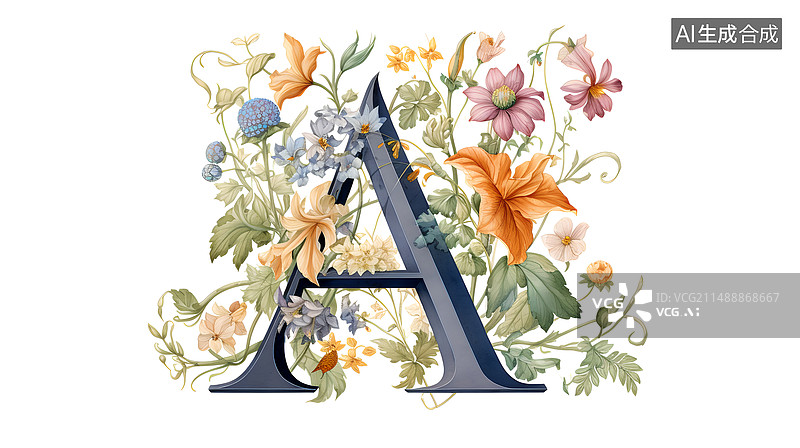 【AI数字艺术】花朵围绕的字母元素背景插画图片素材