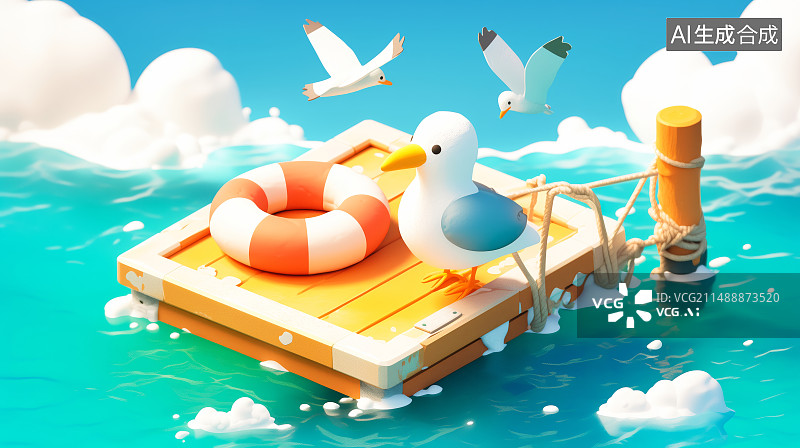 【AI数字艺术】海洋，海鸥，游泳圈，3D场景插画图片素材