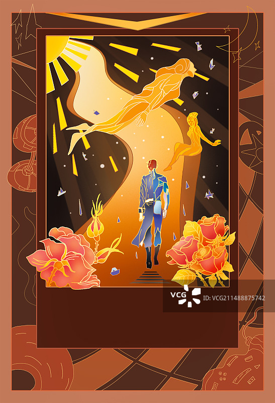 黄金路鲜花盛放科幻场景创意插画图片素材