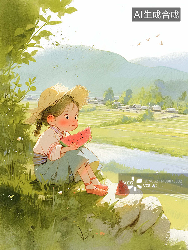 【AI数字艺术】可爱的小女孩坐在地上吃西瓜图片素材