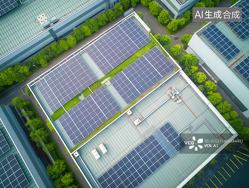【AI数字艺术】俯瞰工厂楼顶的光伏发电站图片素材
