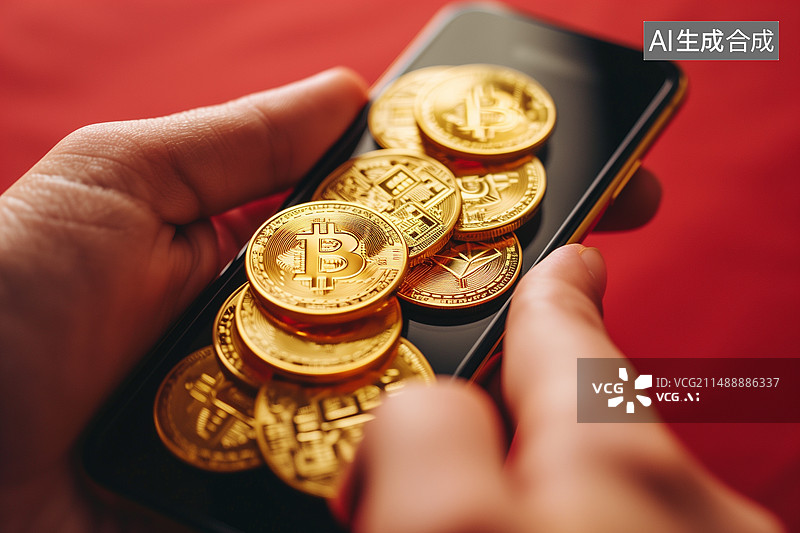 【AI数字艺术】拿在手上的手机和金币图片素材
