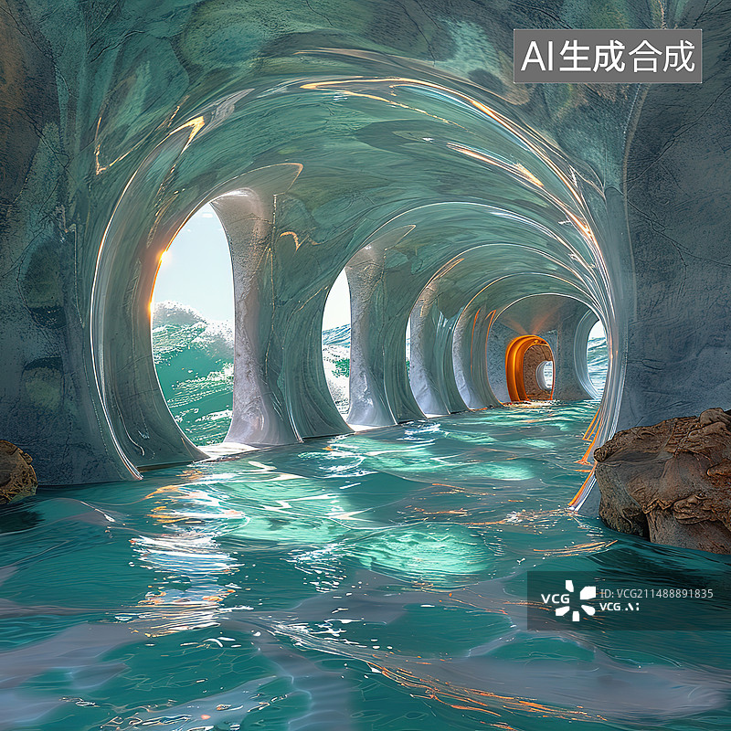 【AI数字艺术】冰洞里的一个人图片素材