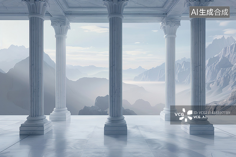 【AI数字艺术】空旷的室内空间与窗外的雪山图片素材