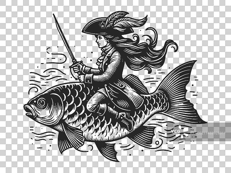 海盗船长骑鱼素描图片素材
