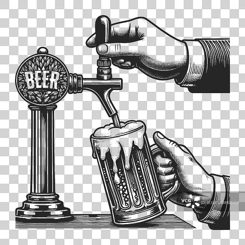 复古啤酒龙头倒入啤酒杯草图图片素材