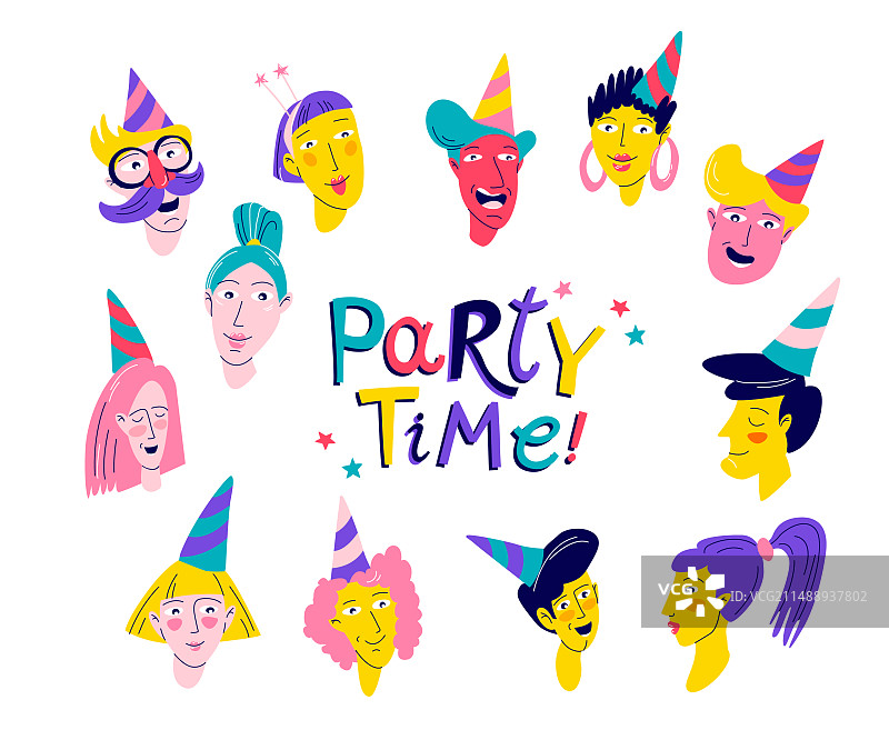 色彩鲜艳的派对面孔卡通拼贴图片素材