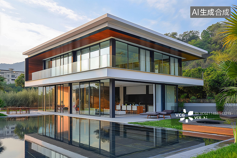 【AI数字艺术】新中式现代简约建筑风格的别墅图片素材