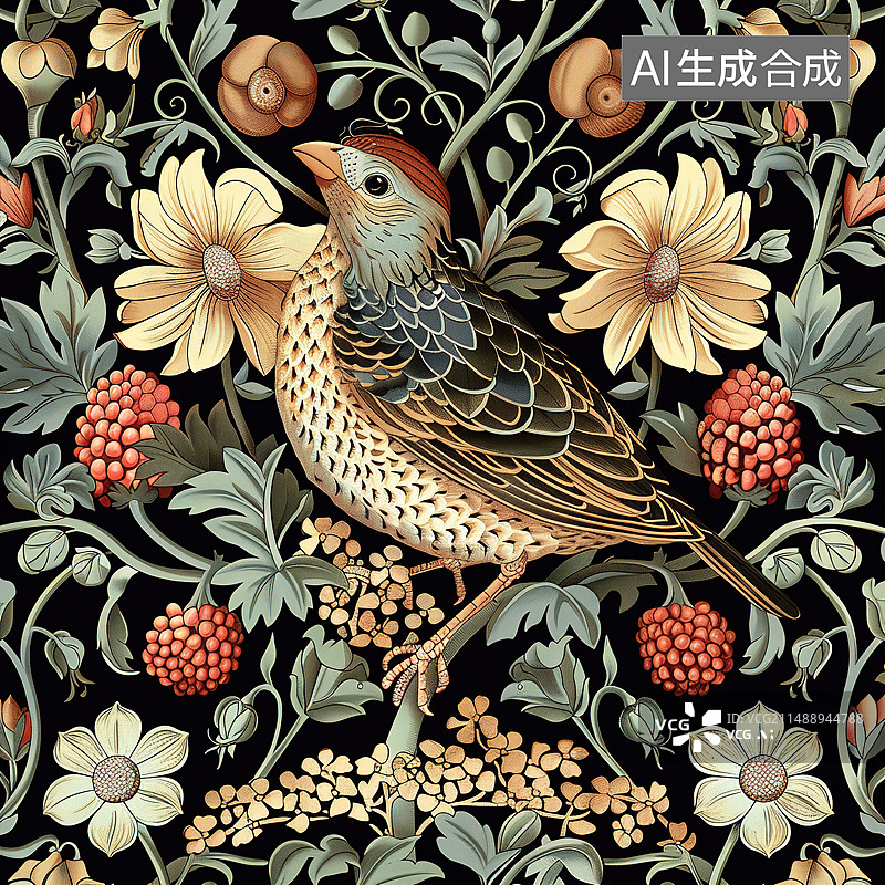 【AI数字艺术】复古的花卉鸟纹理背景图片素材