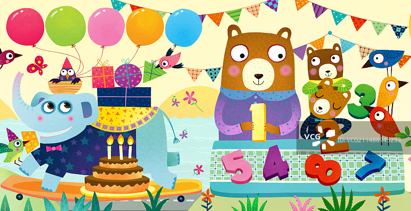 儿童插画动物插画拼图插画 骑着滑板的大象和教数学的熊妈妈图片素材