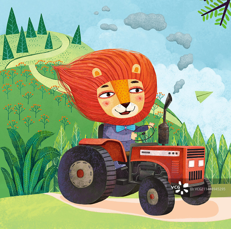 儿童插画动物插画拼图插画 开拖拉机的狮子图片素材