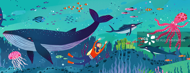 儿童插画动物插画拼图插画 蓝鲸和潜水员图片素材