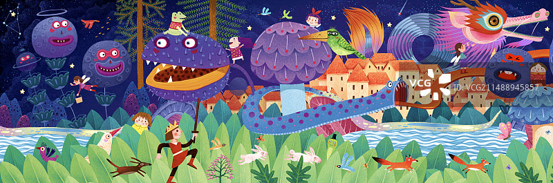 儿童插画动物插画拼图插画 小王子和中国龙的故事图片素材