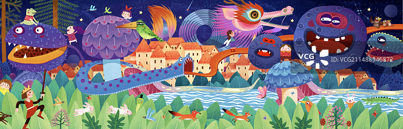 儿童插画动物插画拼图插画 王子和中国龙的故事图片素材