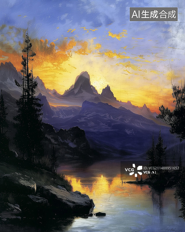 【AI数字艺术】落日 山 云海图片素材