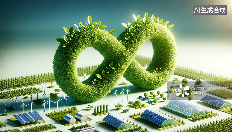 【AI数字艺术】无穷尽图标组成的科技未来低碳绿色新能源，智慧城市，新质生产力，绿色能源，节能减排图片素材