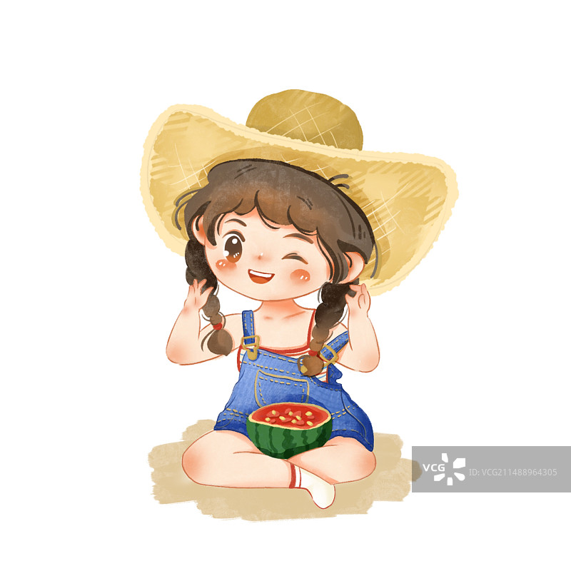 戴草帽的可爱女孩夏天吃西瓜Q版头像图片素材