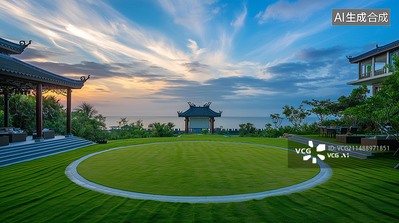 【AI数字艺术】城市地标建筑与公园绿地，草坪，草地图片素材