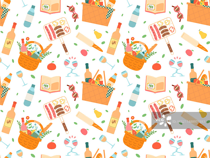 无缝野餐图案：装有葡萄酒和食物的篮子图片素材