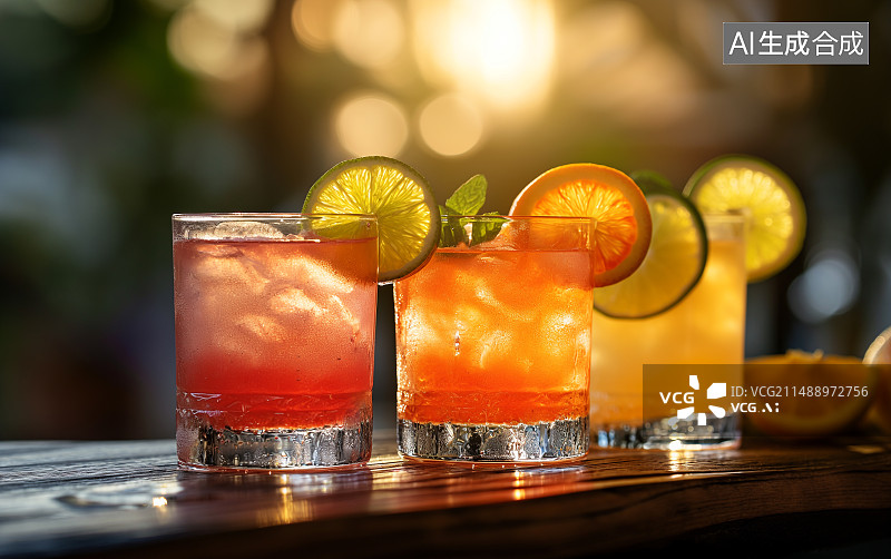 【AI数字艺术】三杯勾调的气泡水鸡尾酒图片素材