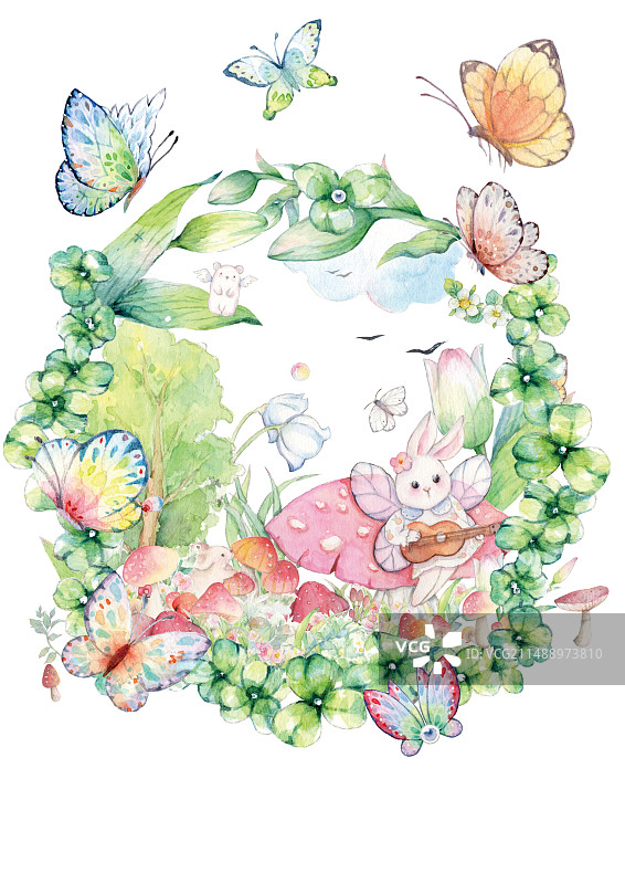 水彩手绘可爱的森林蝴蝶鲜花树林小兔子动物拟人精灵蘑菇王国弹唱演出演唱会儿童插画图片素材