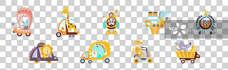 可爱的宝宝动物乘坐交通工具享受旅程图片素材